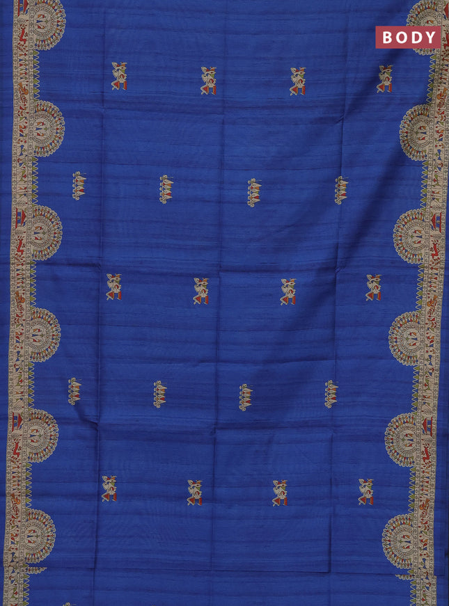 Semi tussar saree blue and beige with allover walri butta prints and printed border