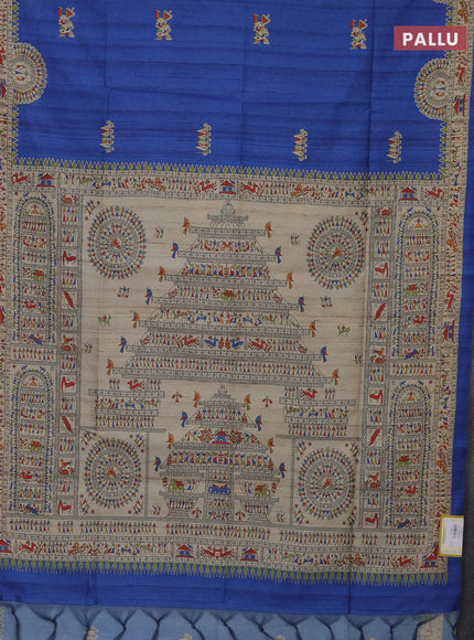 Semi tussar saree blue and beige with allover walri butta prints and printed border