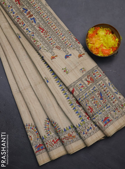 Semi tussar saree beige with allover walri butta prints and printed border