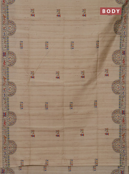 Semi tussar saree beige with allover walri butta prints and printed border