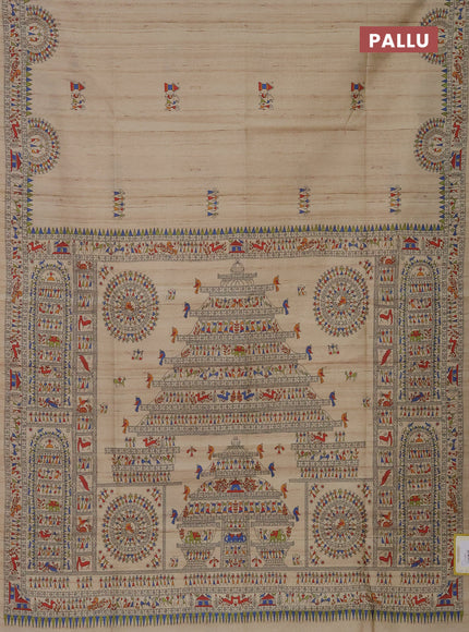 Semi tussar saree beige with allover walri butta prints and printed border
