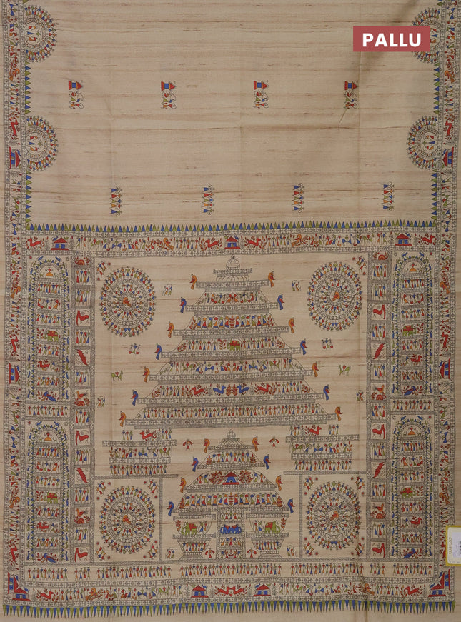 Semi tussar saree beige with allover walri butta prints and printed border