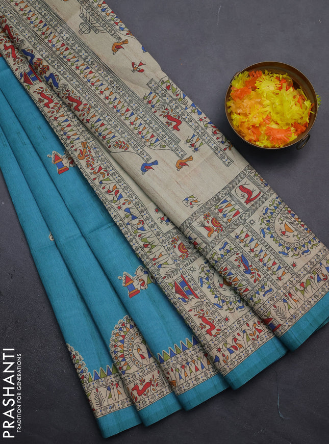 Semi tussar saree teal blue and beige with allover walri butta prints and printed border