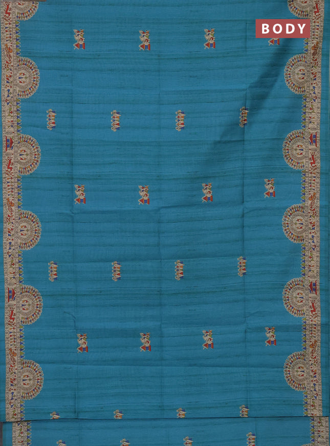 Semi tussar saree teal blue and beige with allover walri butta prints and printed border