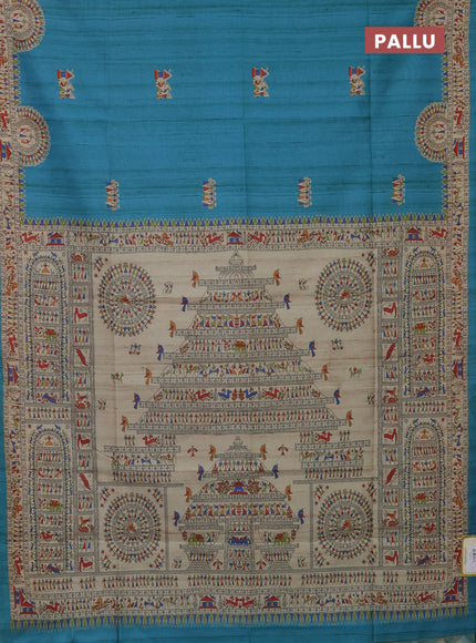 Semi tussar saree teal blue and beige with allover walri butta prints and printed border