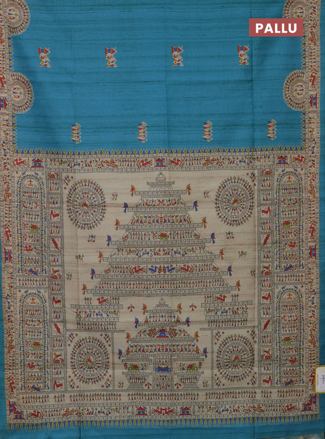 Semi tussar saree teal blue and beige with allover walri butta prints and printed border