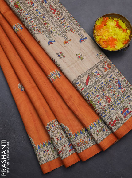 Semi tussar saree orange and beige with allover walri butta prints and printed border