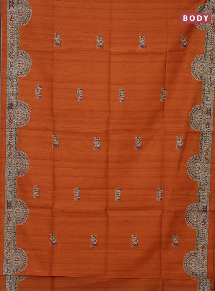 Semi tussar saree orange and beige with allover walri butta prints and printed border