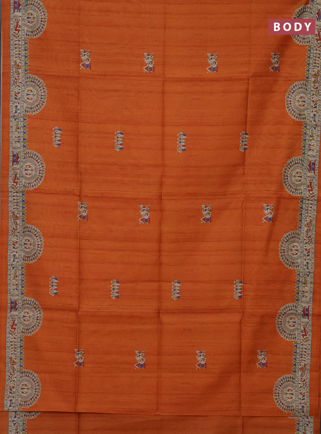 Semi tussar saree orange and beige with allover walri butta prints and printed border