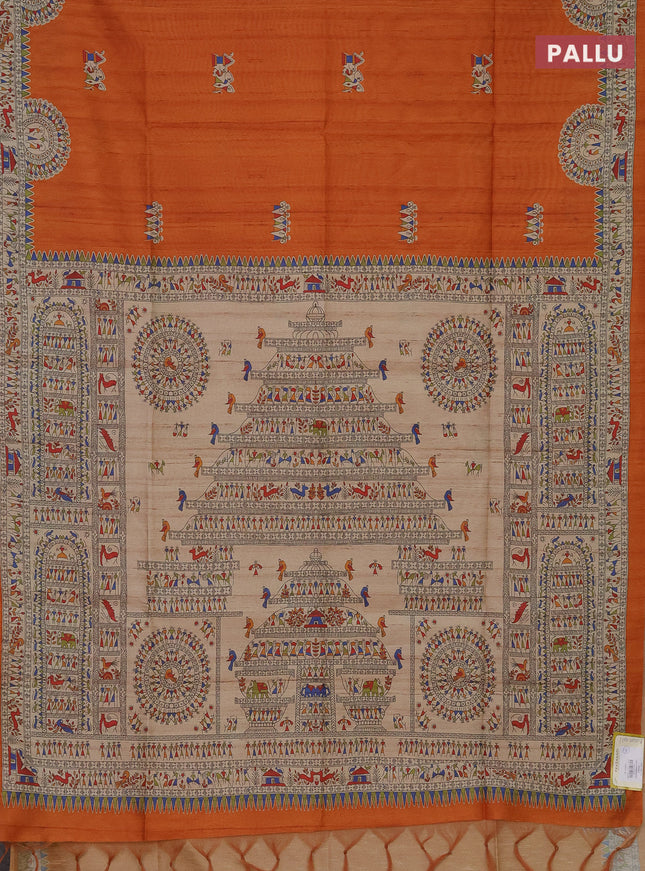 Semi tussar saree orange and beige with allover walri butta prints and printed border