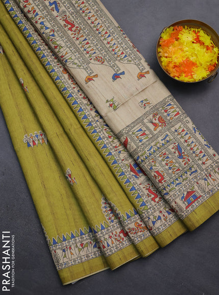 Semi tussar saree lime green and beige with allover walri butta prints and printed border