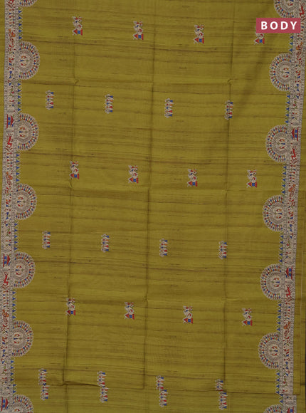 Semi tussar saree lime green and beige with allover walri butta prints and printed border