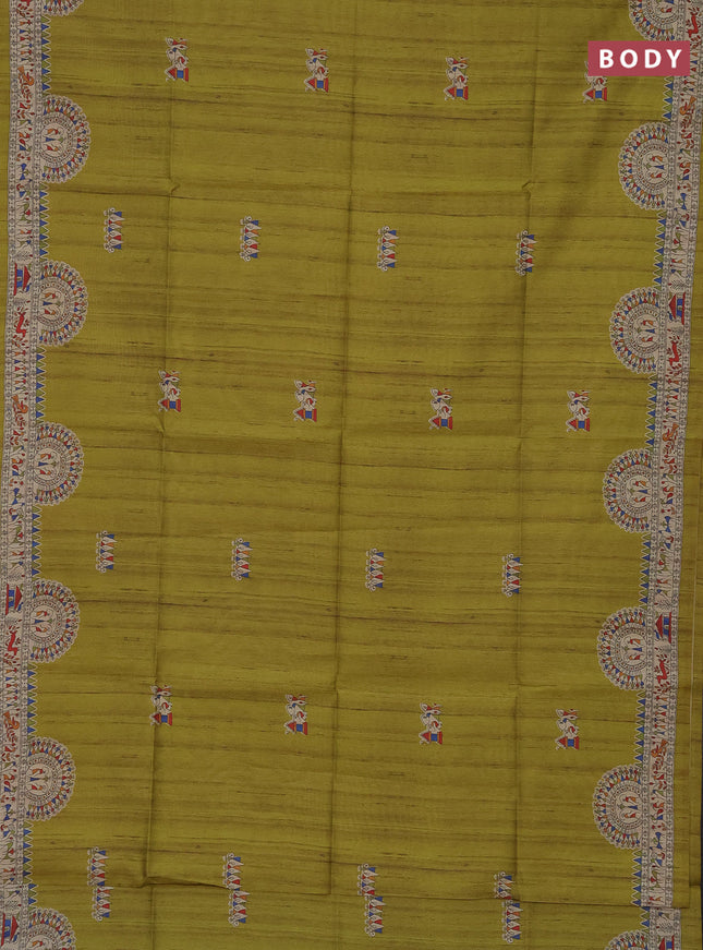 Semi tussar saree lime green and beige with allover walri butta prints and printed border
