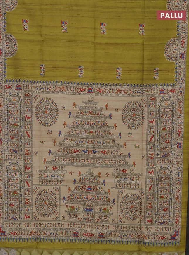 Semi tussar saree lime green and beige with allover walri butta prints and printed border