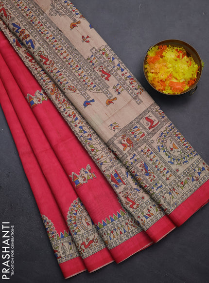 Semi tussar saree pink and beige with allover walri butta prints and printed border