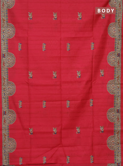 Semi tussar saree pink and beige with allover walri butta prints and printed border