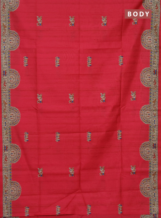 Semi tussar saree pink and beige with allover walri butta prints and printed border