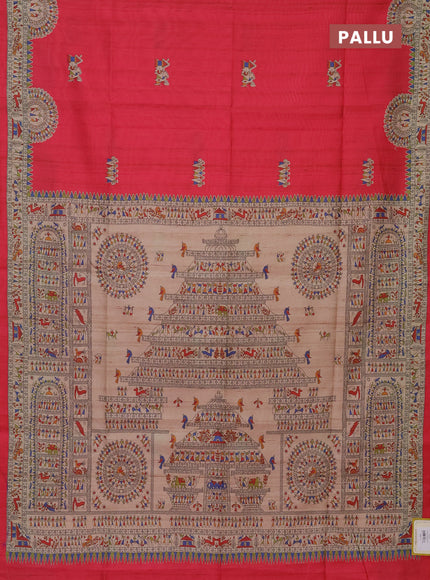 Semi tussar saree pink and beige with allover walri butta prints and printed border