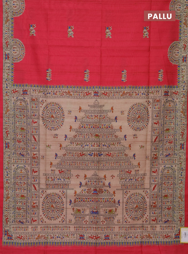 Semi tussar saree pink and beige with allover walri butta prints and printed border