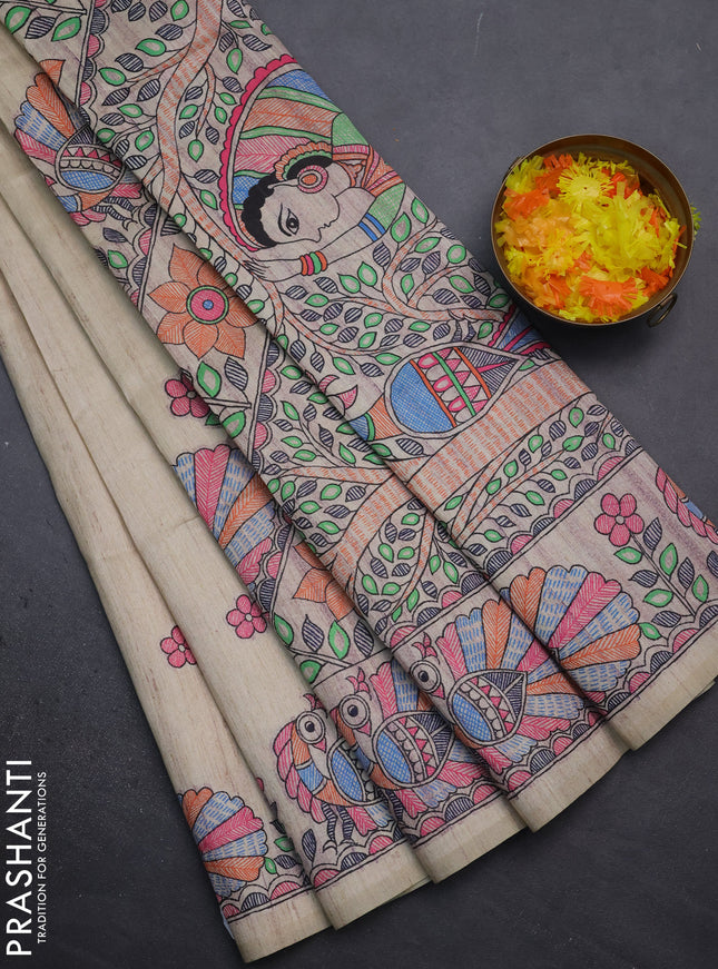 Semi tussar saree beige with butta prints and madhubani printed pallu