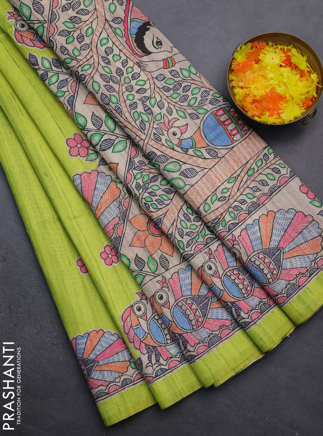 Semi tussar saree fluorescent green and beige with butta prints and madhubani printed pallu