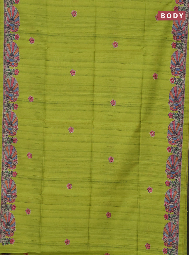 Semi tussar saree fluorescent green and beige with butta prints and madhubani printed pallu