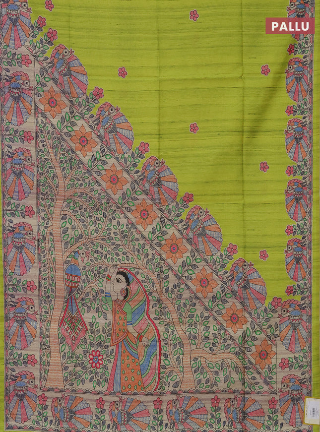 Semi tussar saree fluorescent green and beige with butta prints and madhubani printed pallu