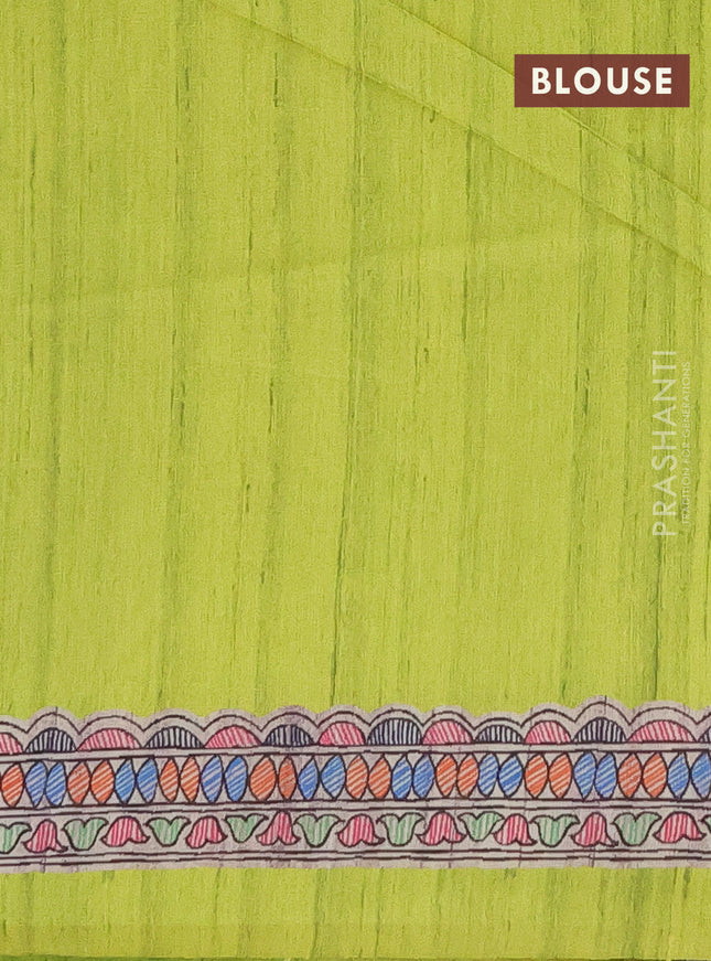 Semi tussar saree fluorescent green and beige with butta prints and madhubani printed pallu