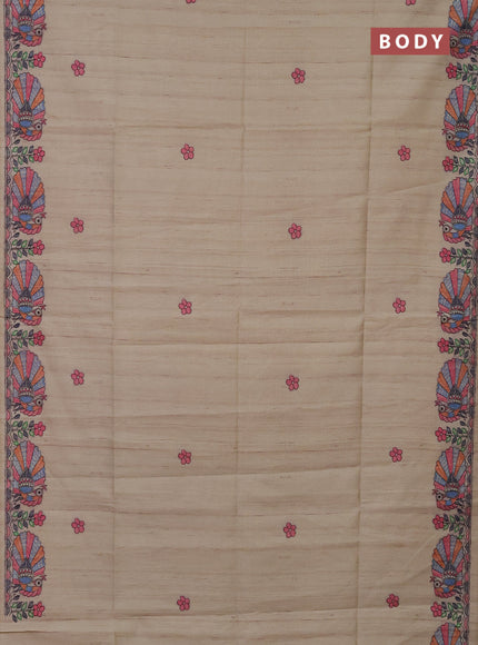 Semi tussar saree beige with butta prints and madhubani printed pallu
