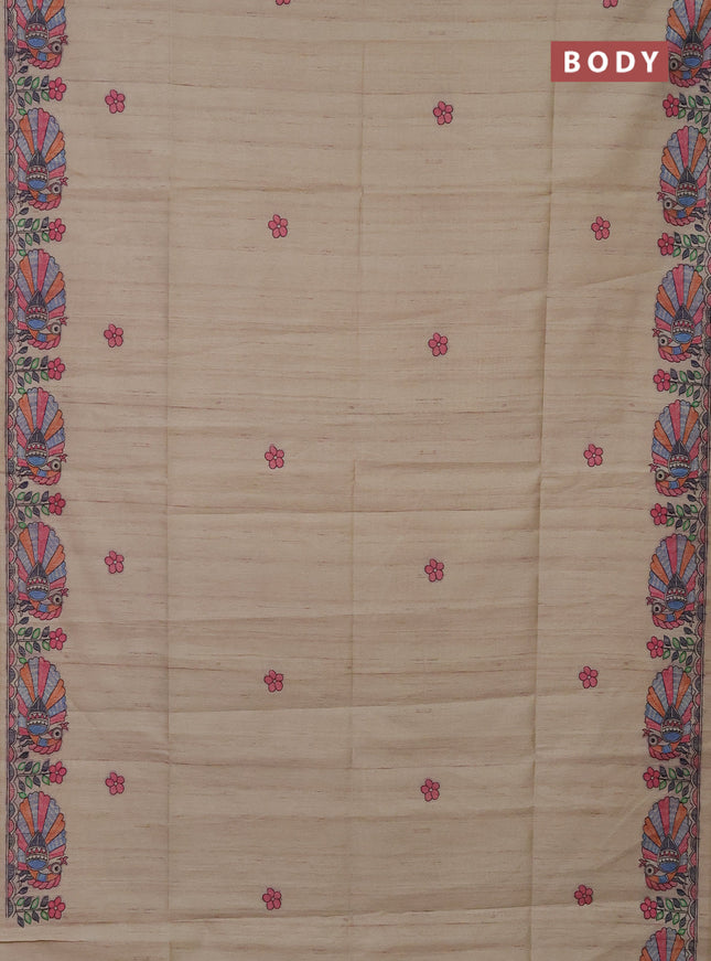Semi tussar saree beige with butta prints and madhubani printed pallu