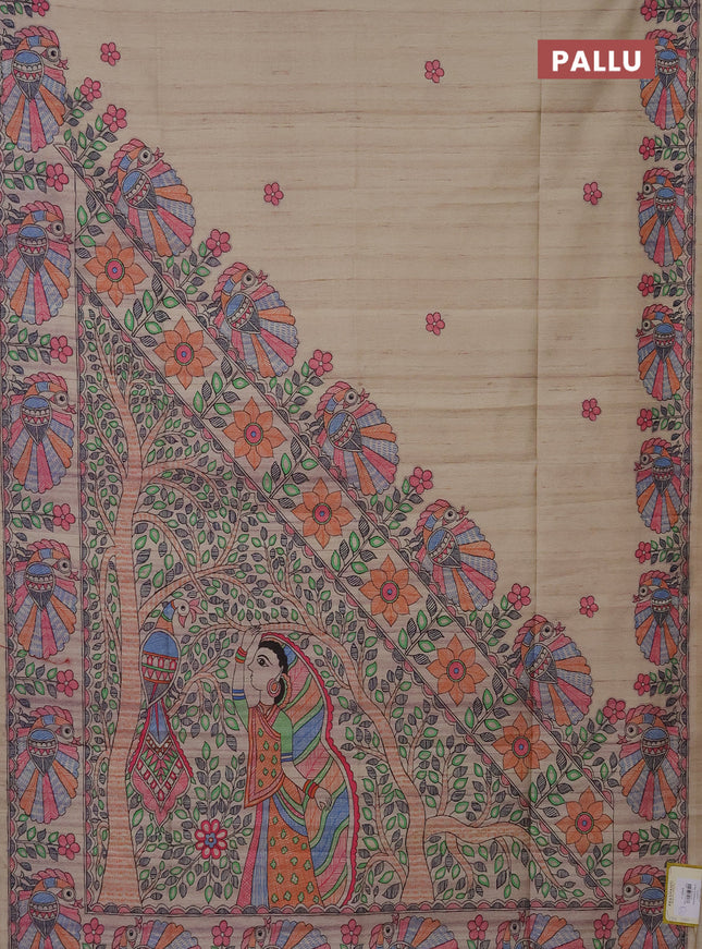 Semi tussar saree beige with butta prints and madhubani printed pallu