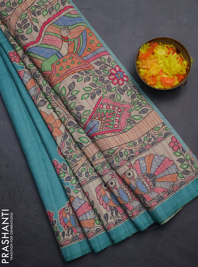 Semi tussar saree teal green and beige with butta prints and madhubani printed pallu