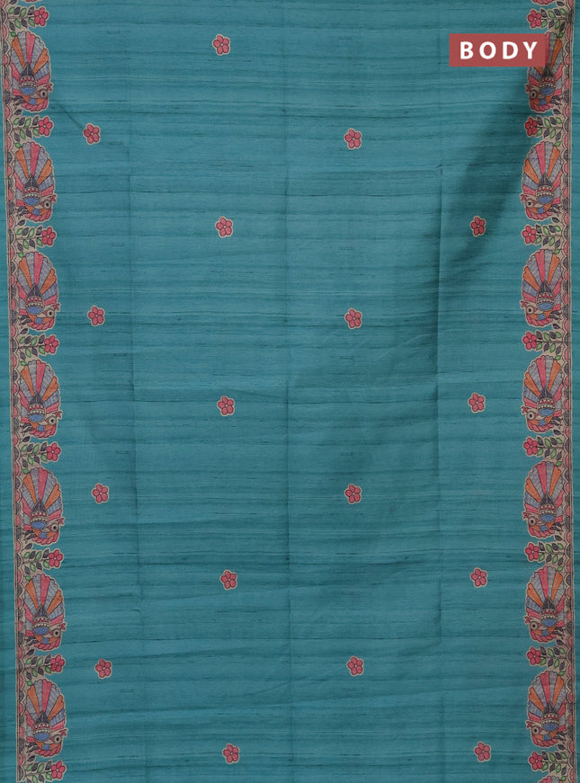 Semi tussar saree teal green and beige with butta prints and madhubani printed pallu