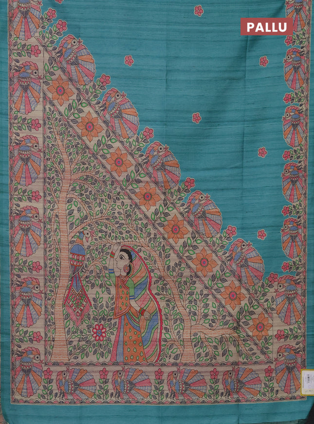 Semi tussar saree teal green and beige with butta prints and madhubani printed pallu