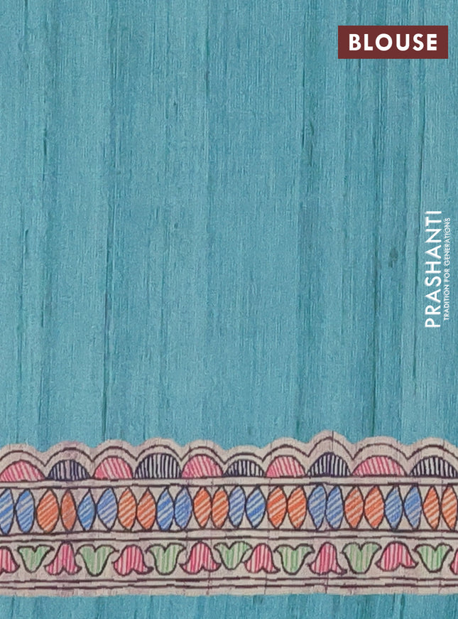 Semi tussar saree teal green and beige with butta prints and madhubani printed pallu