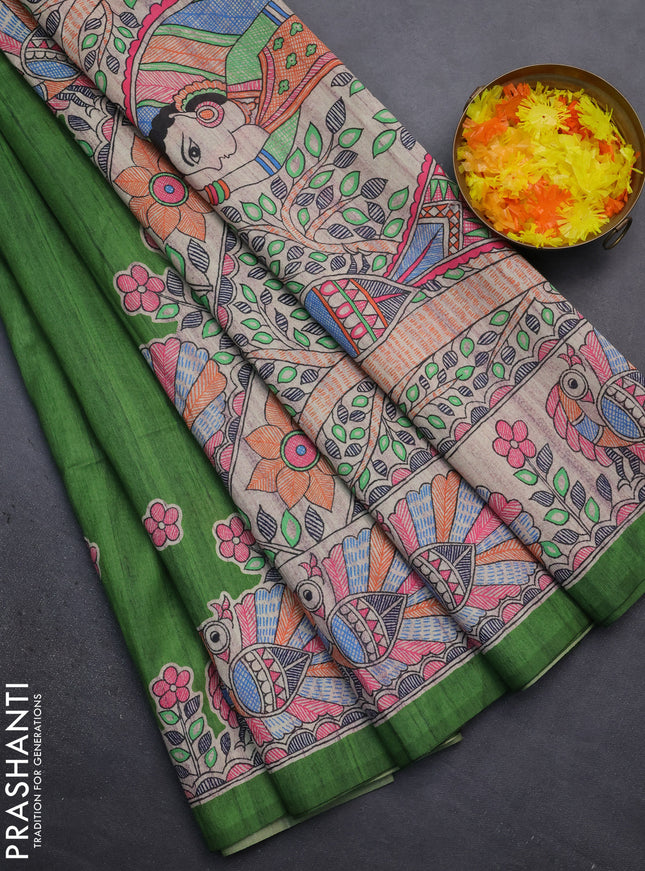 Semi tussar saree green and beige with butta prints and madhubani printed pallu