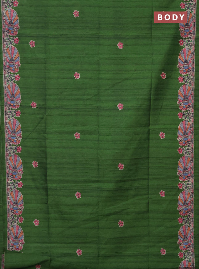 Semi tussar saree green and beige with butta prints and madhubani printed pallu