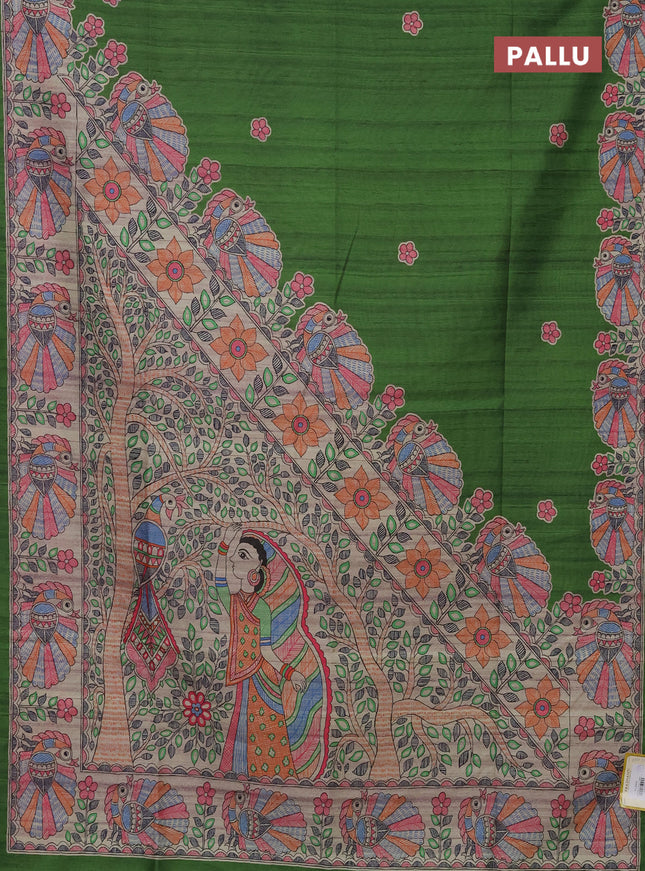 Semi tussar saree green and beige with butta prints and madhubani printed pallu