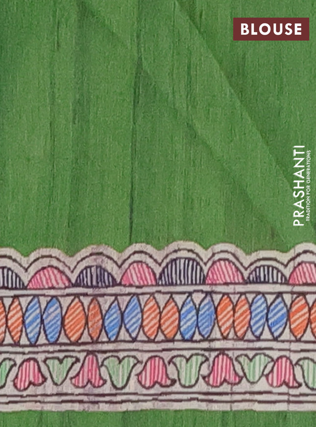 Semi tussar saree green and beige with butta prints and madhubani printed pallu