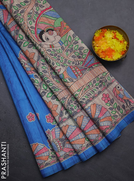 Semi tussar saree cs blue and beige with butta prints and madhubani printed pallu