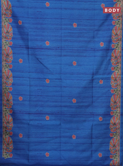 Semi tussar saree cs blue and beige with butta prints and madhubani printed pallu