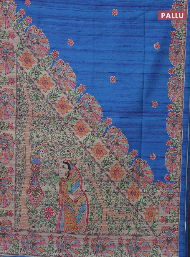 Semi tussar saree cs blue and beige with butta prints and madhubani printed pallu