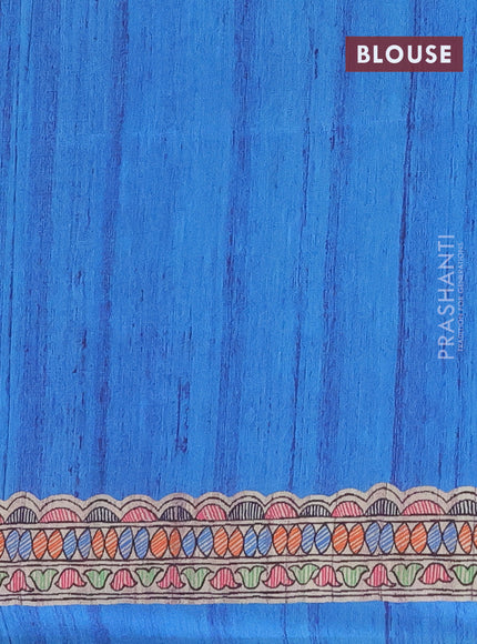 Semi tussar saree cs blue and beige with butta prints and madhubani printed pallu