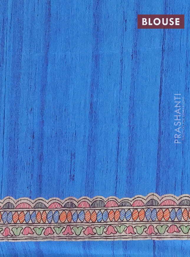 Semi tussar saree cs blue and beige with butta prints and madhubani printed pallu
