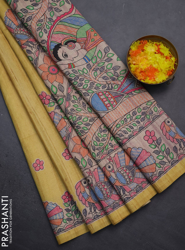Semi tussar saree yellow and beige with butta prints and madhubani printed pallu