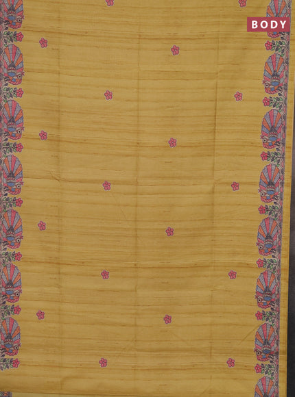 Semi tussar saree yellow and beige with butta prints and madhubani printed pallu