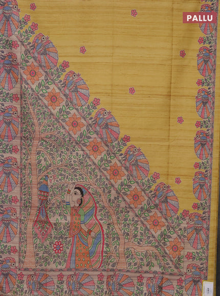 Semi tussar saree yellow and beige with butta prints and madhubani printed pallu