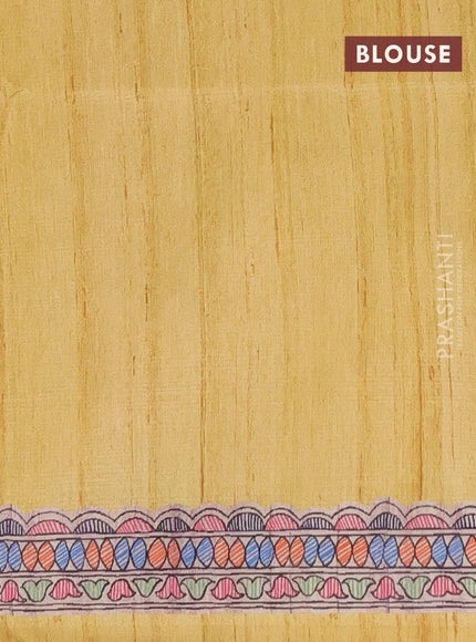 Semi tussar saree yellow and beige with butta prints and madhubani printed pallu