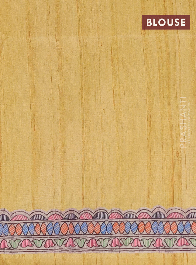 Semi tussar saree yellow and beige with butta prints and madhubani printed pallu