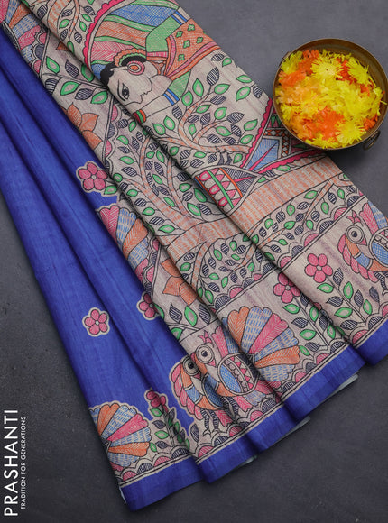Semi tussar saree blue and beige with butta prints and madhubani printed pallu
